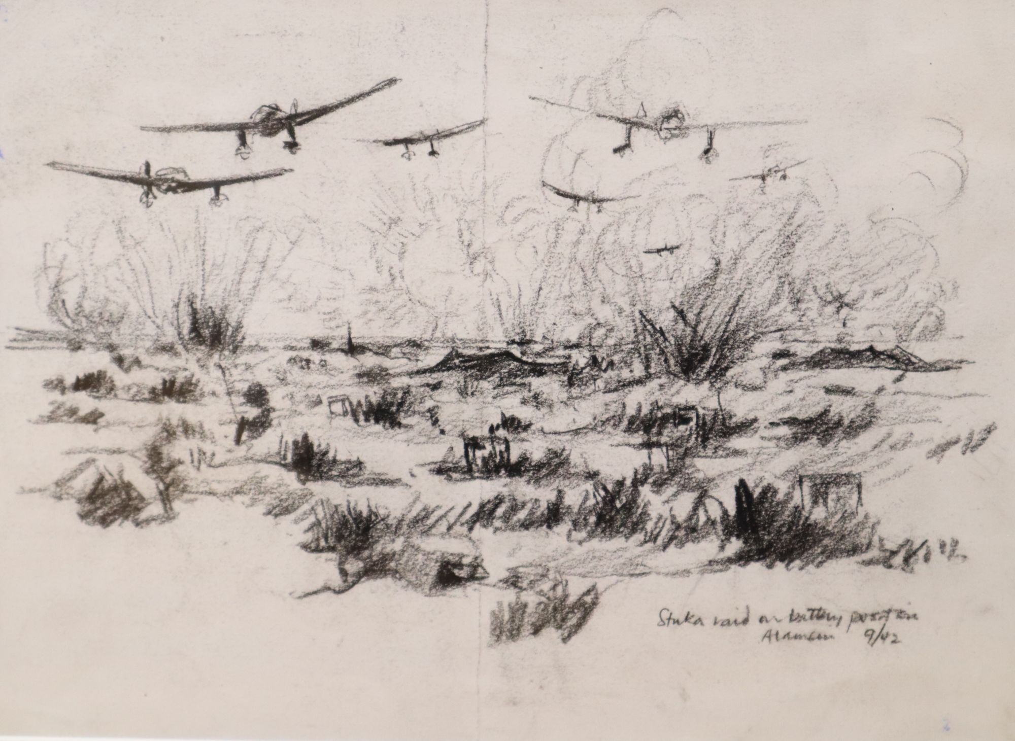 Cyril Mount (1920-2013), two drawings, Stuka raid on battery position, Alamein, 9/42 and Alamein Station, Waiting for the Leave Train t